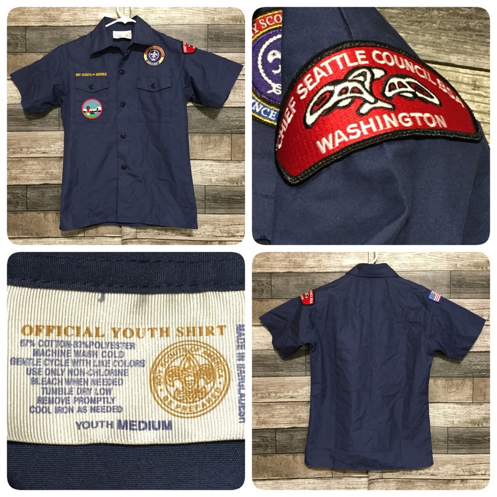 Boy Scouts Of America Button Up Shirt Youth M Navy Blue Patches